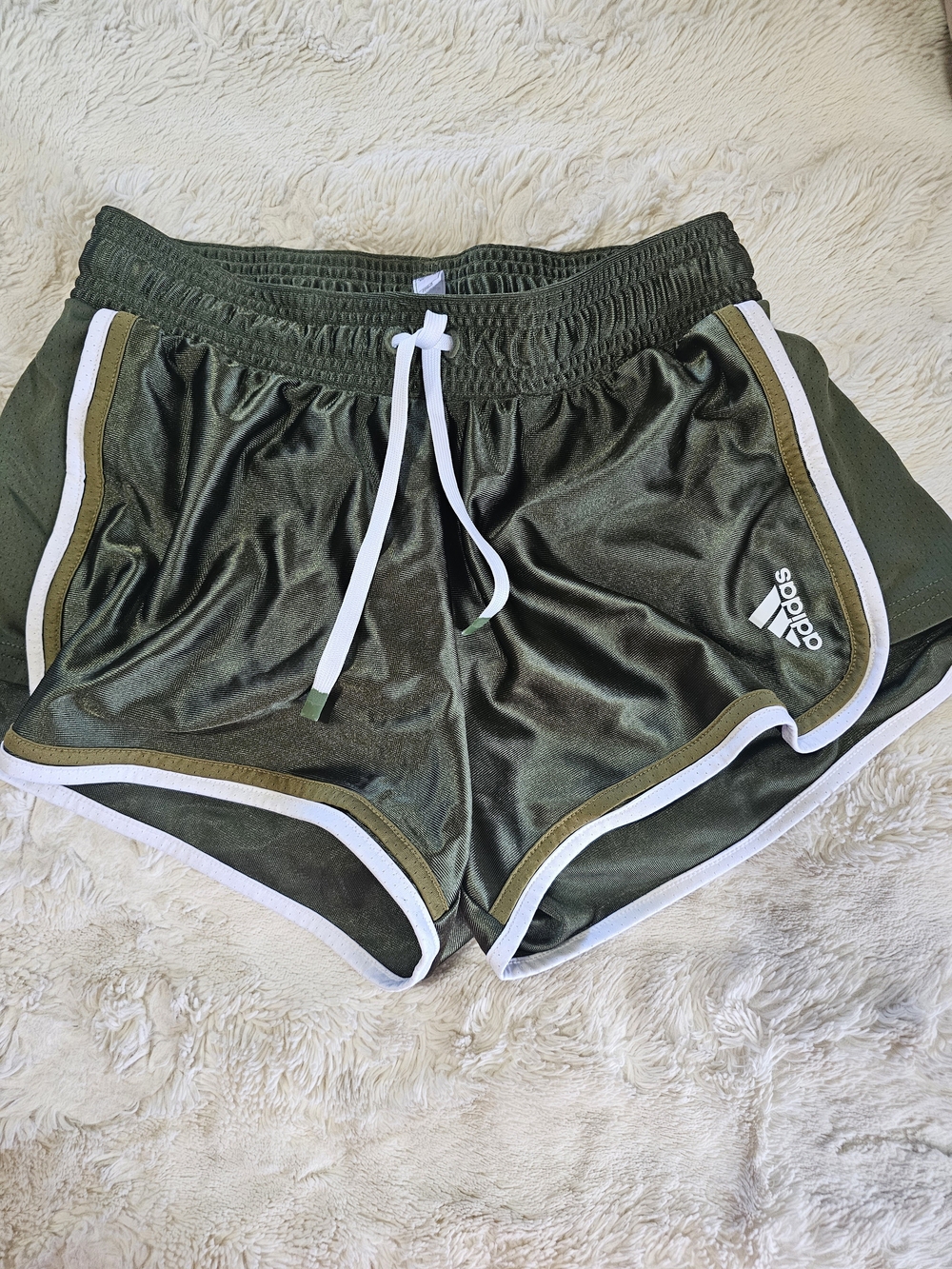 adidas Olive Green Athletic Running Shorts with White Trim